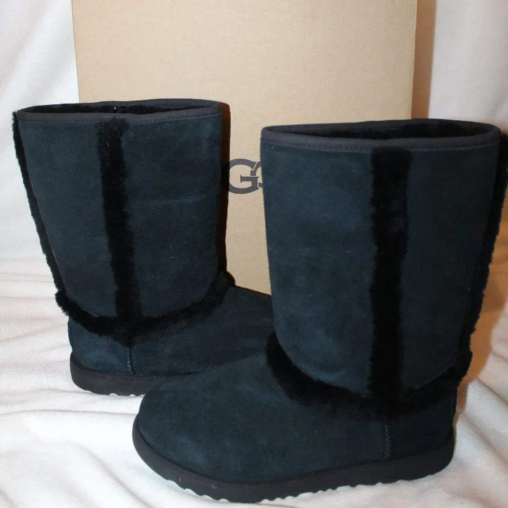 NIB UGG HADLEY‎ YOUTH 4 5 WOMEN'S 6 7 TALL SUEDE SHEARLING BOOTS BLACK